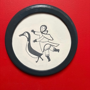 Beautiful 1970s Inuit wood art picture in frame — 11 inches — indigenous Inui