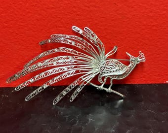 銀細工　孔雀プローチと銀細工置物 アンティークの孔雀のブローチ 金銀細工 1910年代 - Etsy 日本
