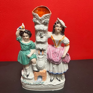 A  Fabulous 6 x 10” high antique Victorian authentic Staffordshire flat back spill vase — mint condition— value priced