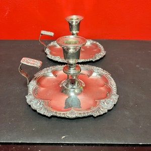 Lovely English silver plated pair of 6 x 5.5” high  chamber candle sticks — exceptional quality, and good condition