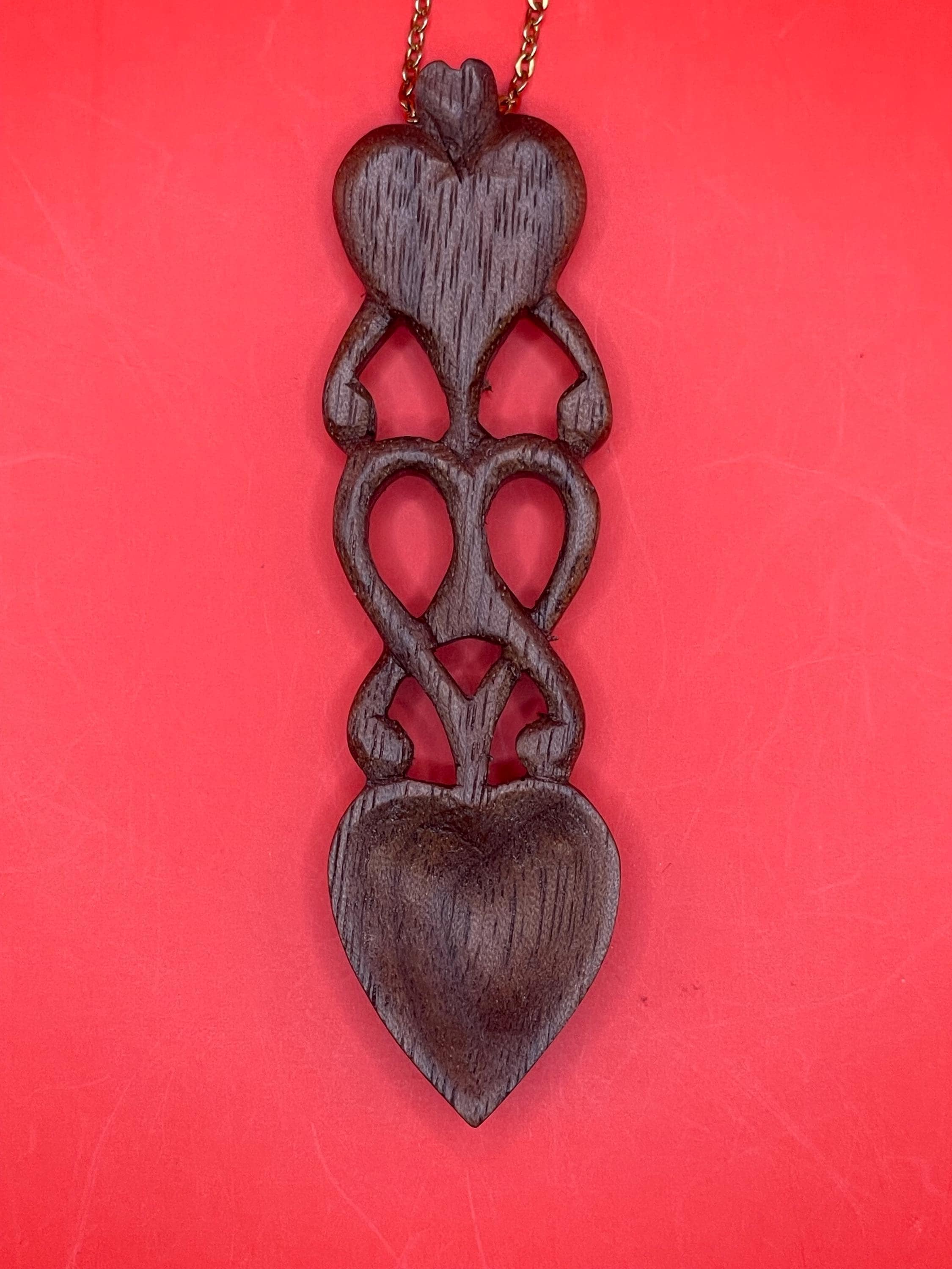 Small Wooden Heart Spoon Necklace — Gold Tone Chain Included