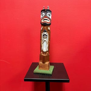 Antique primitive indigenous first nation specific north Northwest coast signed  totem pole in great condition by Larry H - 12 inches tall