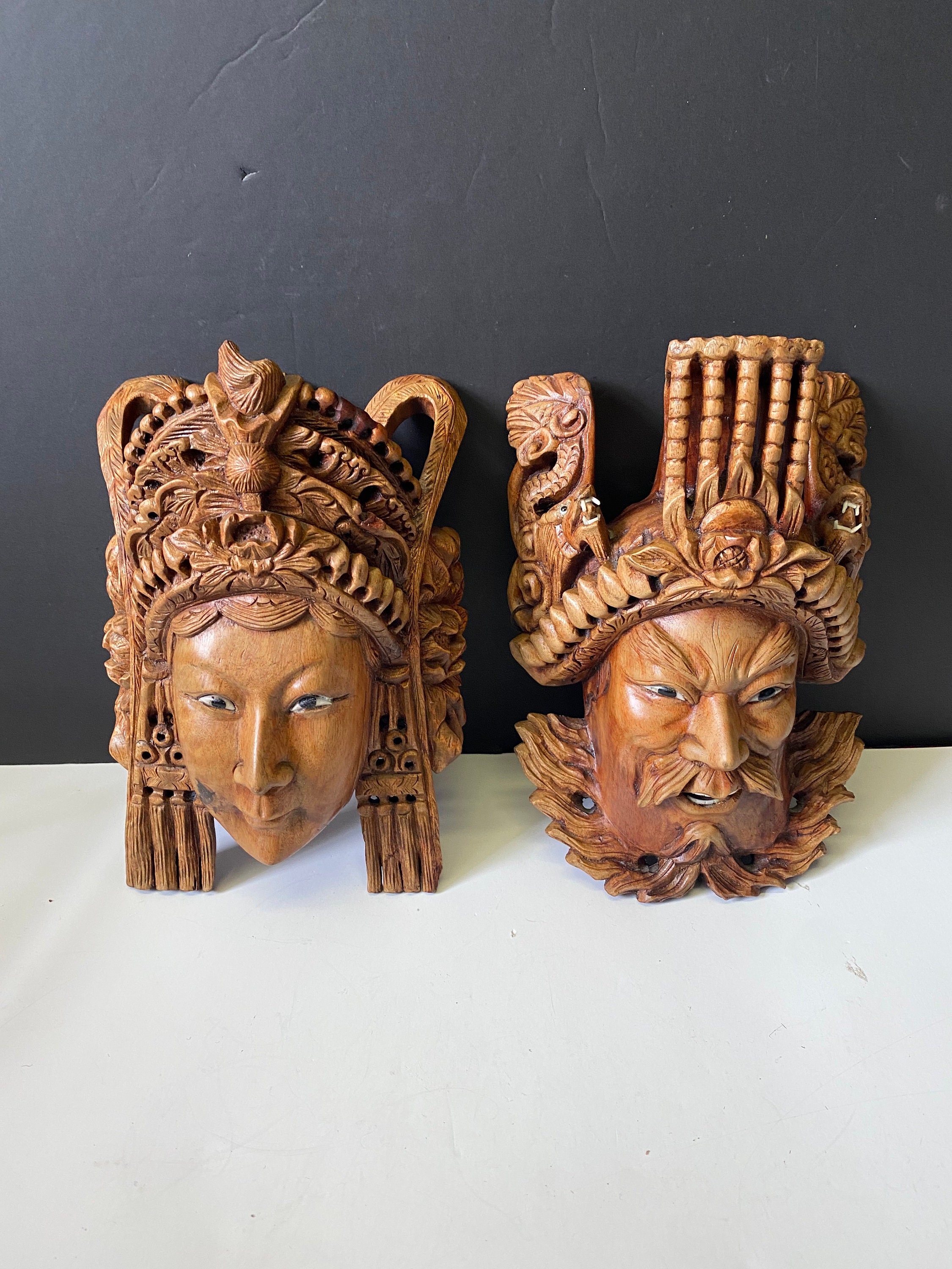 Decor Mask Wood Hand Carved on Metal Stand 15.75 High