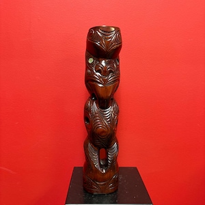 Beautiful vintage 15 x 3” wide New Zealand Maori statue with Abalone eyes — fabulous detail and size — ready to hang or stand