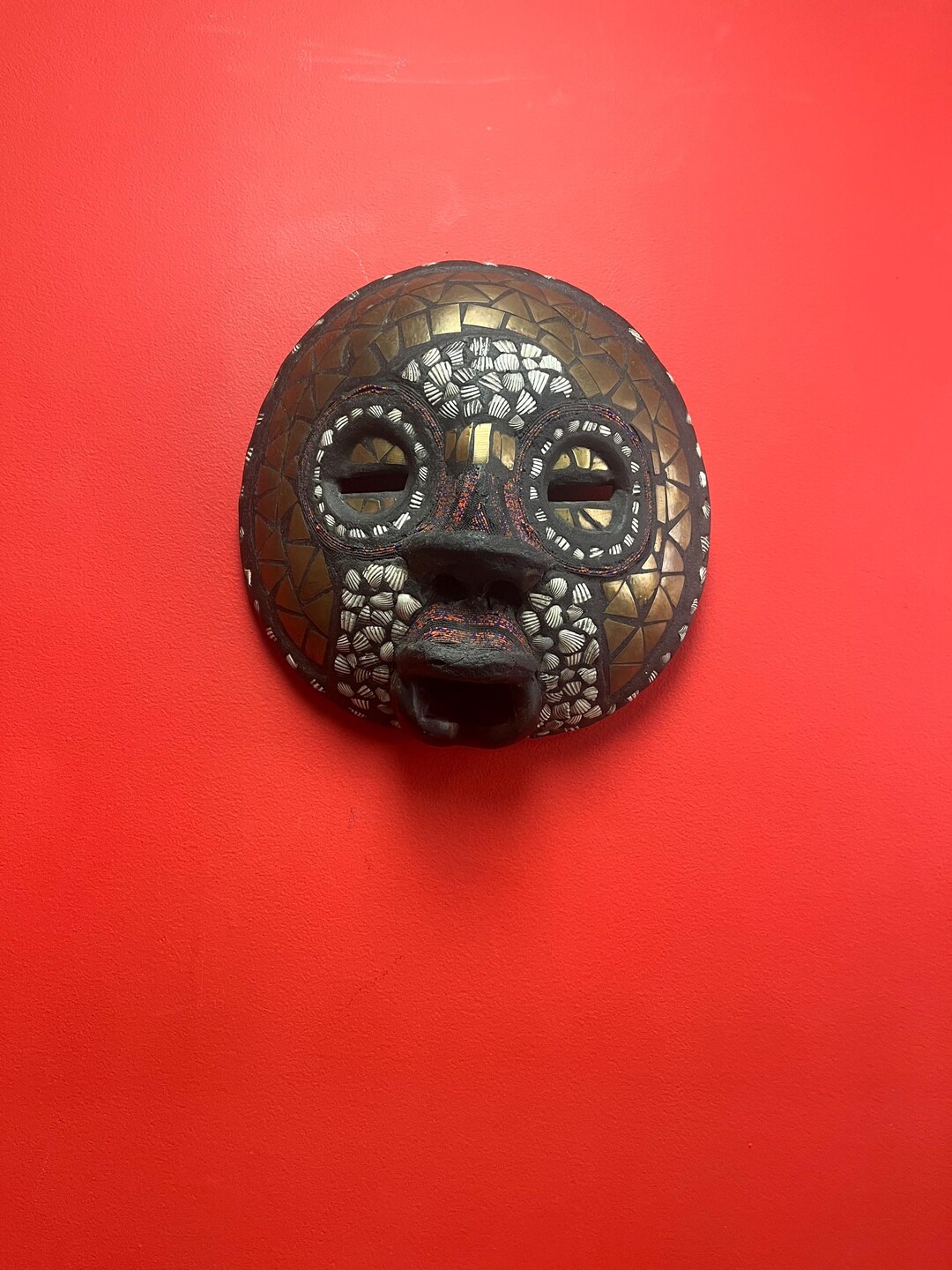 Fabulous Antique 13 X 13” African Ghana Mask — Shells and Copper and ...