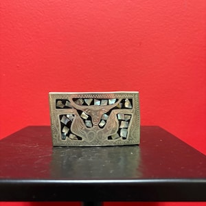 Beautiful Mexican silver plate and Abalone  bull belt buckle  — unique — great gift