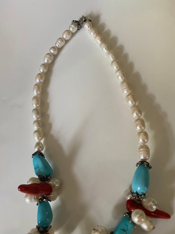 Fantastic pearl turquoise and coral necklace - image 3