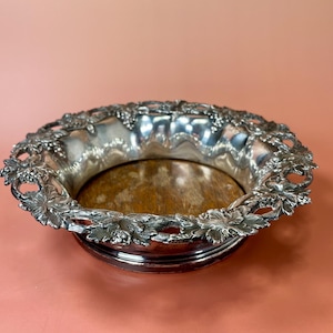 English Silver-Plated Wine Coaster with Ornate Grapevine Design