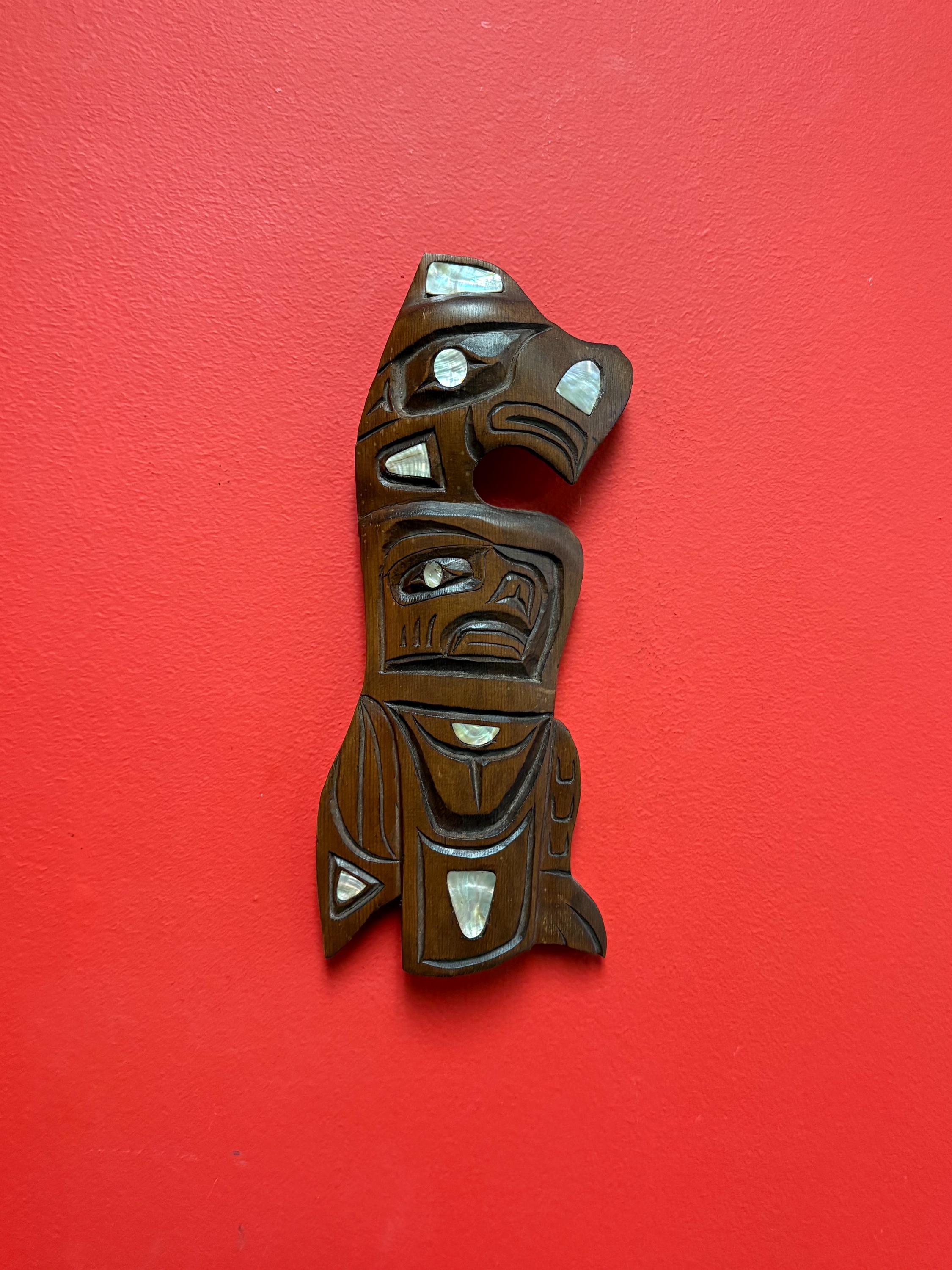 Beautiful indigenous 12 x 5” wide first nations pacific north West Coast Eagle transformation plaque with abalone accents — unsigned