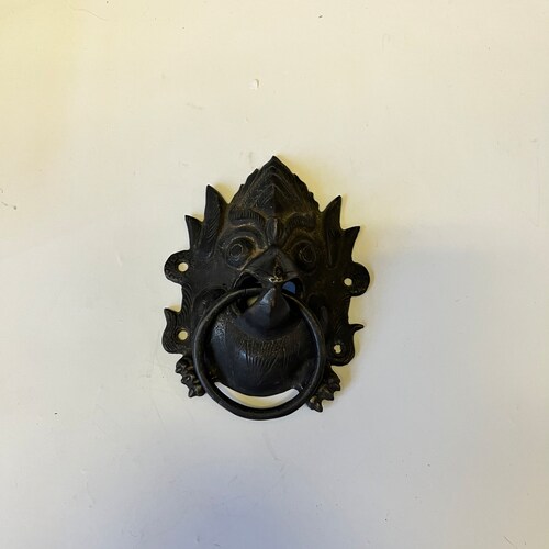 Stunning antique Tibetan shops 5 inch bronze door knocker representing the devil — needs screws — Fabulous detail and Patina