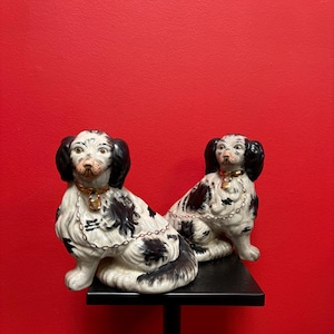 Beautiful 10 inch antique Staffordshire English spaniel dogs in mint condition — lovely subject and unusual — great pair