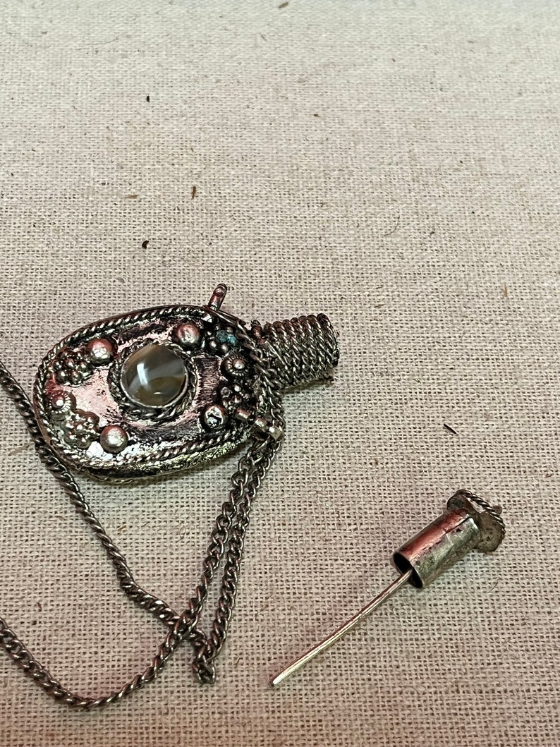 Lovely 2 1/2 inch long Silver tibetan snuff bottle with cartouche attached to a lovely necklace image 4