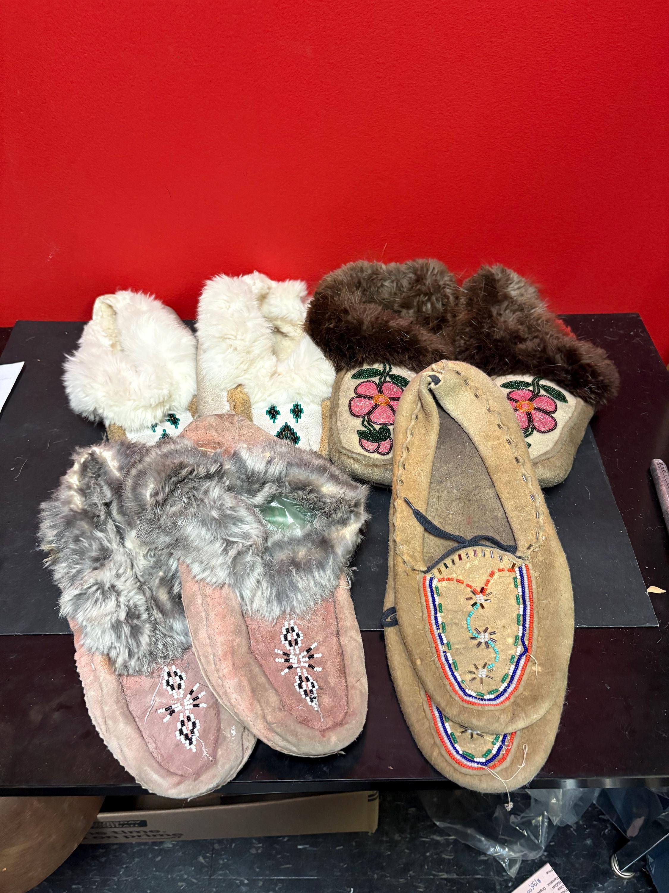 Cool lot of four pairs indigenous first nations leather and beaded moccasin shoes — all in as is condition perfect for decoration or collect