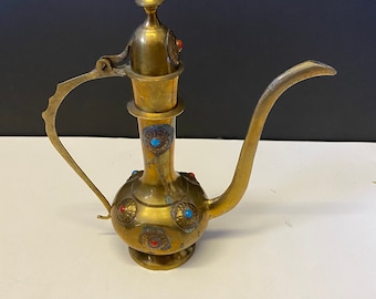 Stunning 8 inch Persian brass ewer with cartouches — desirable look and function — great gift — Persian fabulous piece —