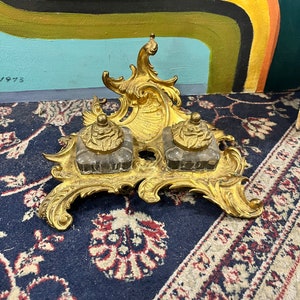 A  Stunning English antique art nouveau brass and crystal inkwell in mint condition — percent condition — 8 x 6 x 4” hig