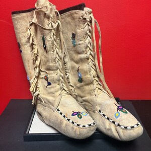 Approximately 11 x 14” high antique Indigenous First Nations Pacific northwest coast, leather and beaded moccasin boots — wow