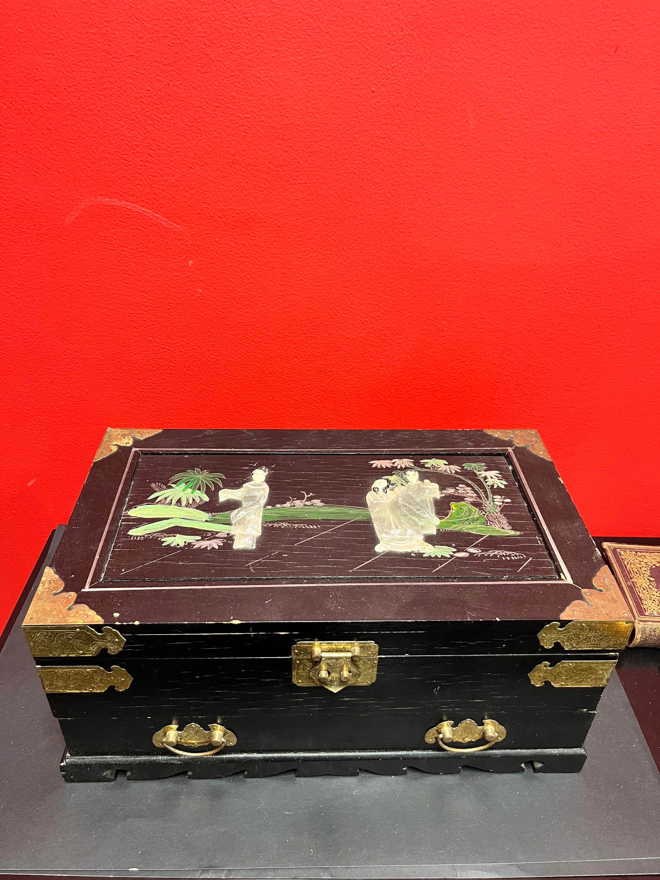 A 15 X 9 X 7 High Lodge, Japanese Wood Brass and Hard-stone