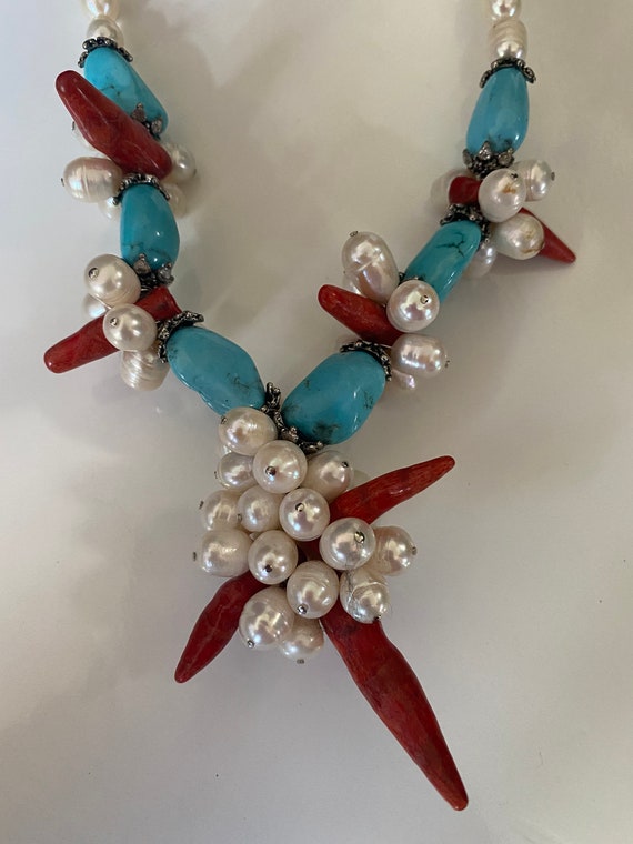Fantastic pearl turquoise and coral necklace - image 2
