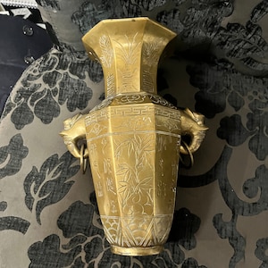 11 inch tall antique Chinese brass vase with elephant handles
