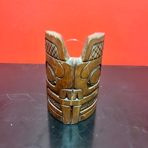 A stunning, 5 inch tall, indigenous, first nations, pacific northwest coast authentic cedar bear mask