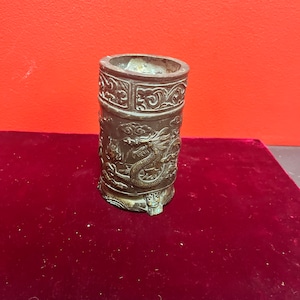 Beautiful 5 inch high signed antique Chinese metal dragon vase — very cool and heavy