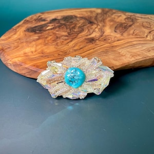 Amazing 3 x 1.25 inch Rhinestone Crystal Brooch Turquoise Center stone