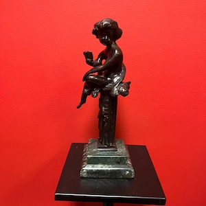 Special hot deal — antique bronze statue of a cherub on marble stand — 12 inches tall and 2.8 kg — magnificent patina— wow