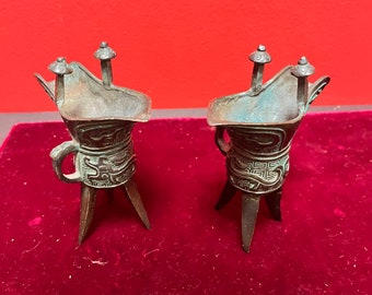 Pair of old Chinese, 5 inch high bronze vessels — wonderful Patina