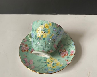 Small rare shaped chintz Shelly melody cup and saucer — Excellent condition — demitasse sized — cute