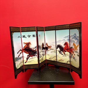 Lovely vintage 19 by 9 inch high Chinese signed lacquer horse screen— great decoration — amazing price