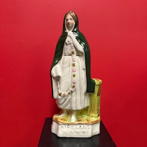 Lovely antique 13 inch tall Staffordshire highland Mary  figure with faint crack on the back — placed according— lovely imagery