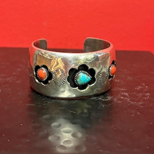 Stunning antique authentic Navajo shadow Cuff — turquoise coral and sterling silver — approximately 2 1/2 inches wide and 7 1/2 inches long