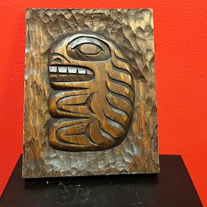 Lovely signed black fish by MAURY CLARK— indigenous first nation specific northwest coast — cedar — needs hanger — 7 x 5”