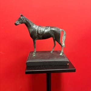 Beautiful vintage bronze 9 by 8 inch high horse on wooden stand — great patina - horse collector dream piece — nice weight