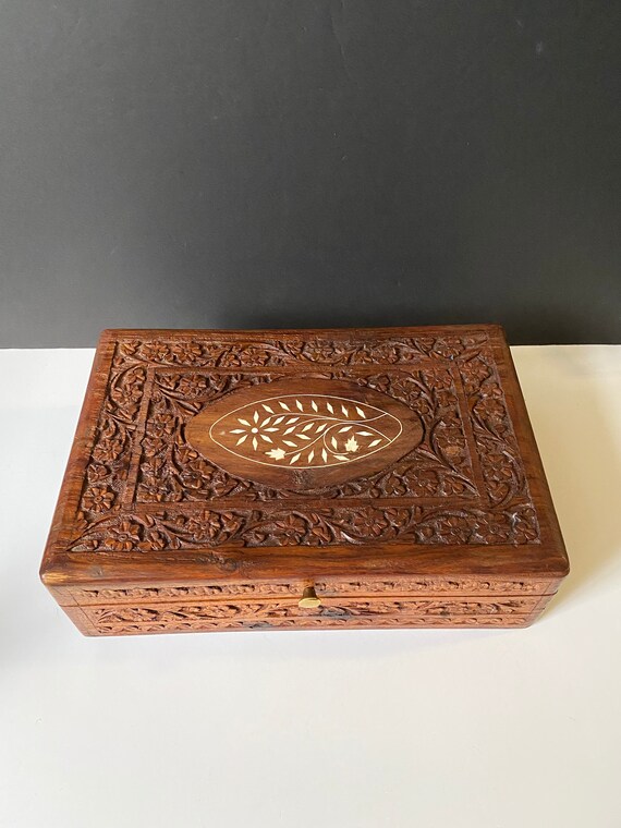 12 X 8” Stunning Carved Indian Wood and Bone Inlay Box
