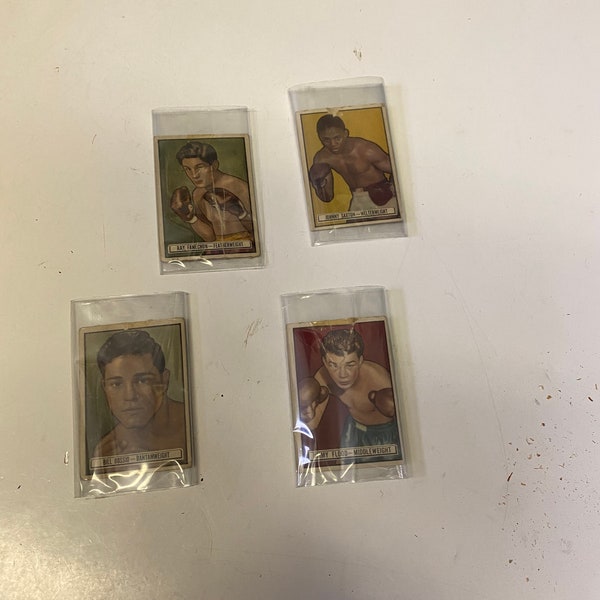 An amazing set up four 1940s ringside boxing cards — All antique condition but very cool boxing memorabilia — sold as set — 3 x 2 inches