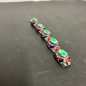 Absolutely magnificent 11 1/2 inch long and 3 inch wide when closed antique signed Chinese silver enamel and jade bracelet — the best - gift
