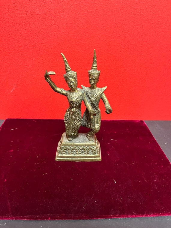 8 inch tall antique Southeast Asian  heavy brass statue of ceremonial dancers — beauty