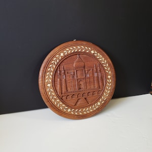 Indian Hand Carved Wood Taj Mahal Plaque with Bone Inset