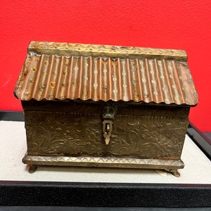 Beautiful 8 x 5 x 6” high  antique Indian brass box with velvet lining— many uses and luxurious piece — great for a gift