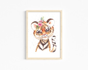 Tiger Cub watercolour print for nursery wall decor | kid's room | gifts | baby | girl | safari jungle theme children's room