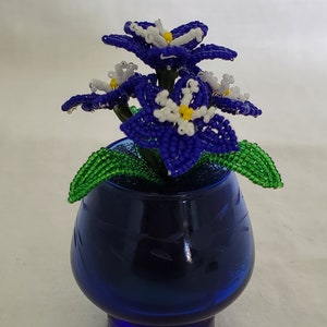 Blue French Beaded Flowers in a Blue Vase