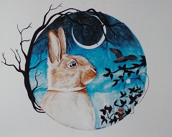 Bunny at night A4 Art Print