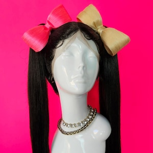Pigtail wig with pink and blonde bows, Synthetic wig