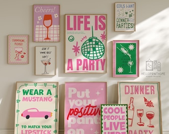 Cocktail Party Wall Art Set | Retro Bar Prints | Colorful Typography Posters | Girls Night Decor | Fun Printable Kitchen & Home Art