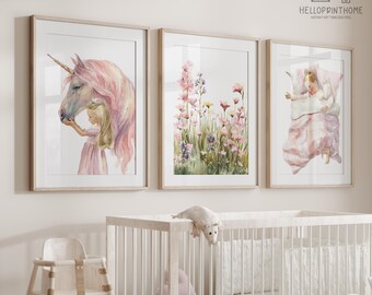 Unicorn & Floral Nursery Wall Art – Pink Watercolor Girl and Unicorn Printable – Whimsical Baby Room Decor – Digital Download
