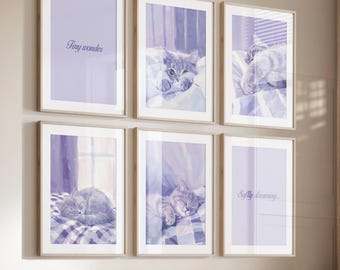 Lavender Cat Nursery Wall Art Set of 10 Prints | Gender Neutral Baby Room Decor | Kitten Bedroom Prints | Digital Download Artwork