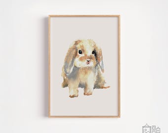 Baby Bunny Nursery Print – Lop Eared Rabbit Wall Art – Neutral Woodland Nursery Decor – Scandinavian Baby Animal Digital Download