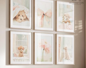 Puppy Nursery Wall Art Set of 12 | Pastel Baby Room Prints | Dog & Teddy Bear Art | Neutral Gender Nursery Decor | Instant Download