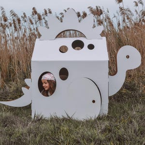 children's cardboard cubby house, dinosaur, kids dinosaur, kid's crafts, playroom, creative play, arts and craft, kid's birthday gift
